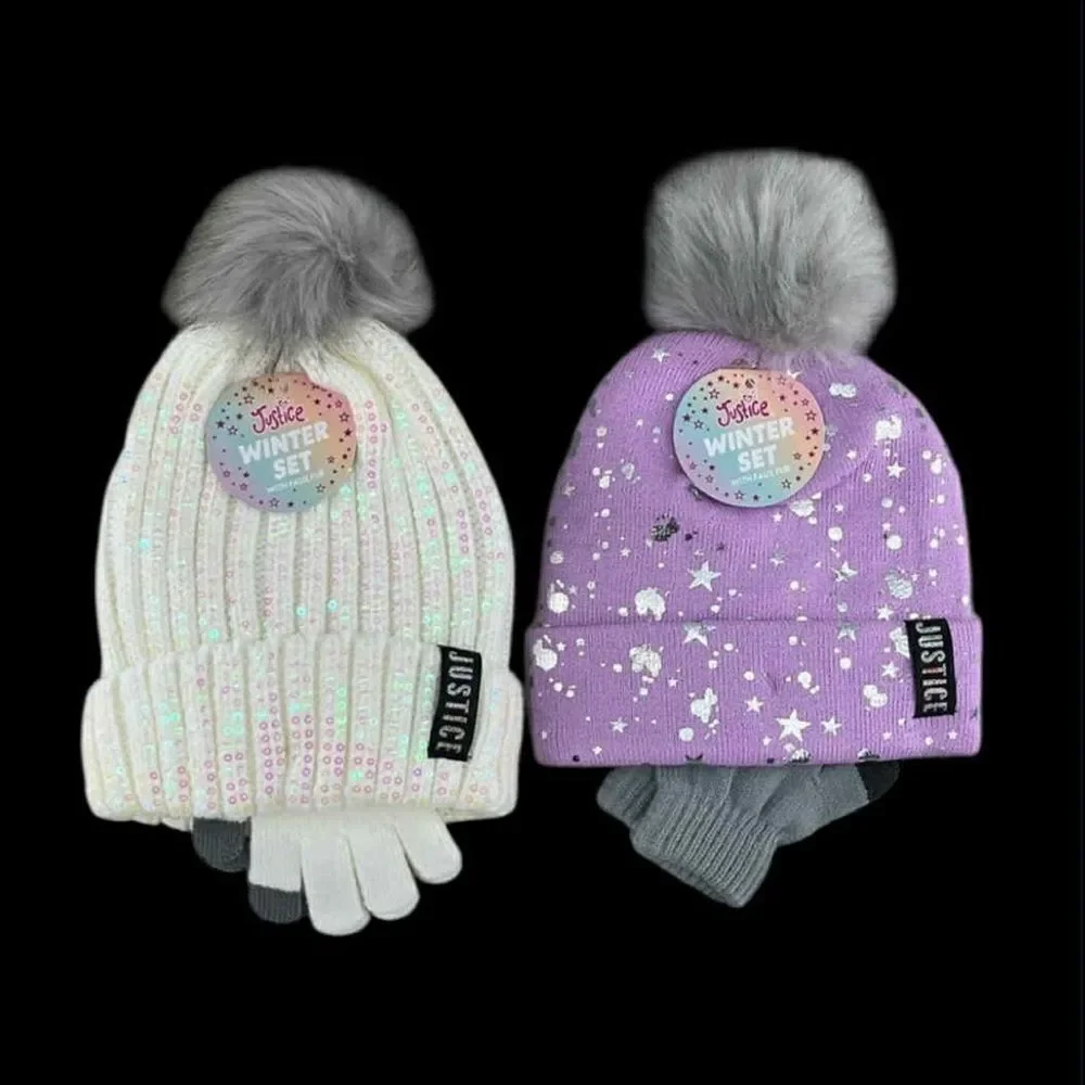 Girls Justice Ribbed & Full Print Winter Cozy Beanie and Gloves 2, 2-Piece Sets